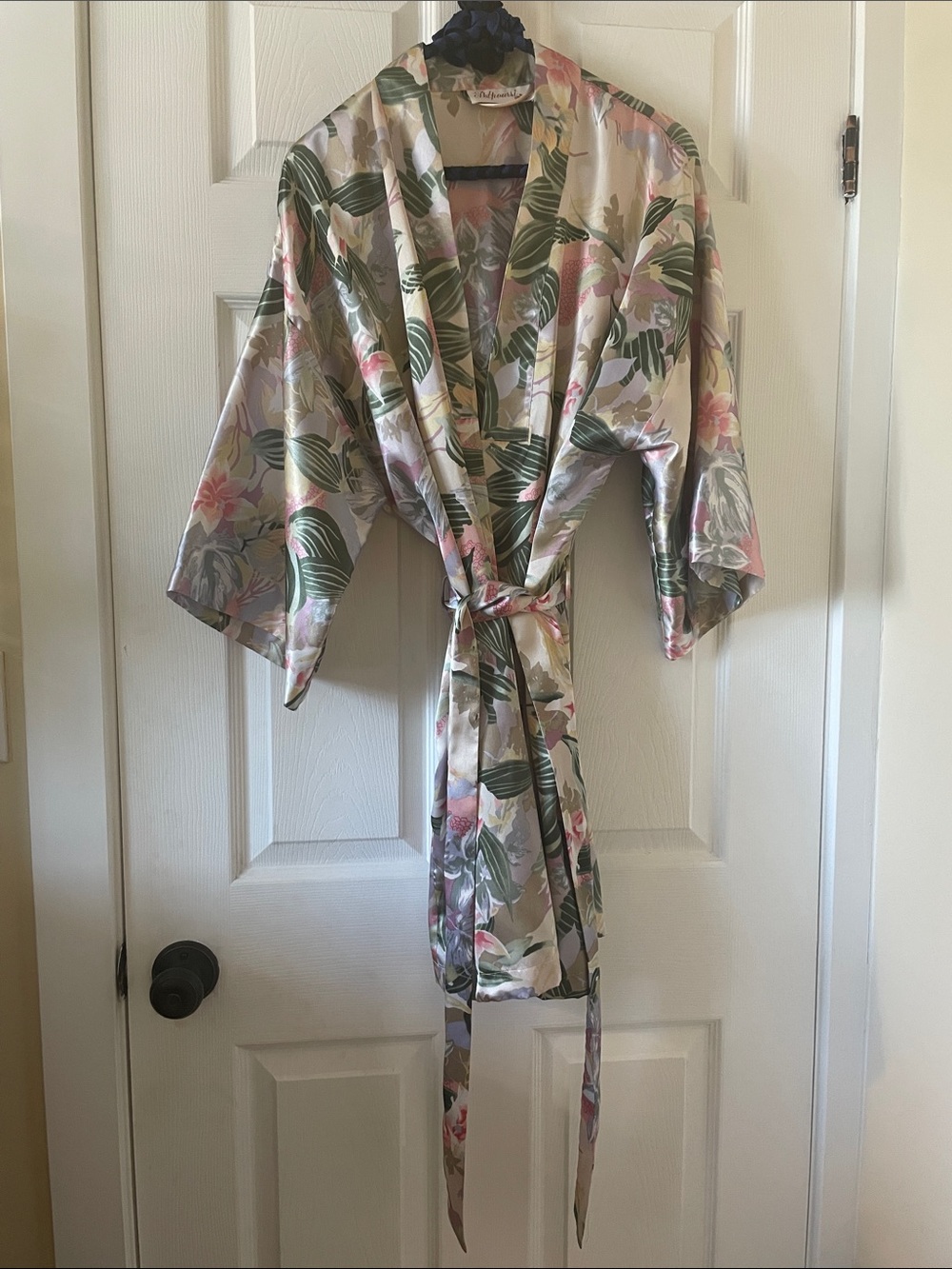 *flawed belt* Tropical plant satin 1980s 1990s style robe lingerie kimono